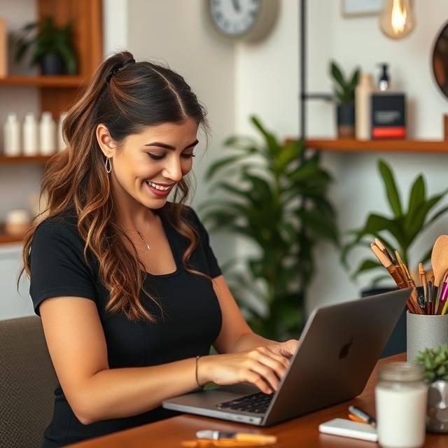 Mujer sonriente usando su portátil, representando a una dueña de clínica de belleza que llena su agenda gracias al email marketing