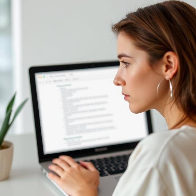 Mujer con expresión de duda mientras usa su portátil, representando los errores comunes que impiden que la web de su clínica estética funcione correctamente