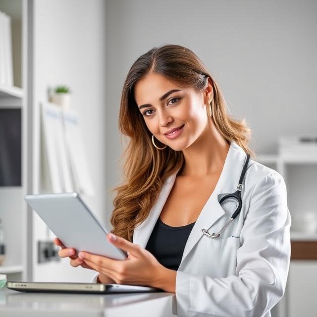 Dueña de clínica estética usando una tablet para implementar estrategias de linkbuilding local y mejorar su visibilidad en buscadores dentro de su ciudad