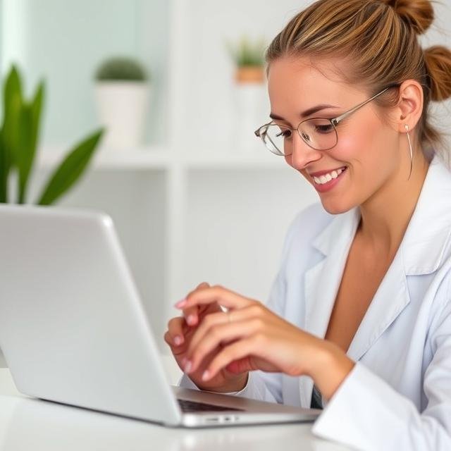 Dueña de clínica estética sonriendo mientras gestiona su estrategia de publicidad online desde su portátil