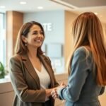 Clienta siendo recibida por el personal en una clínica estética en Madrid