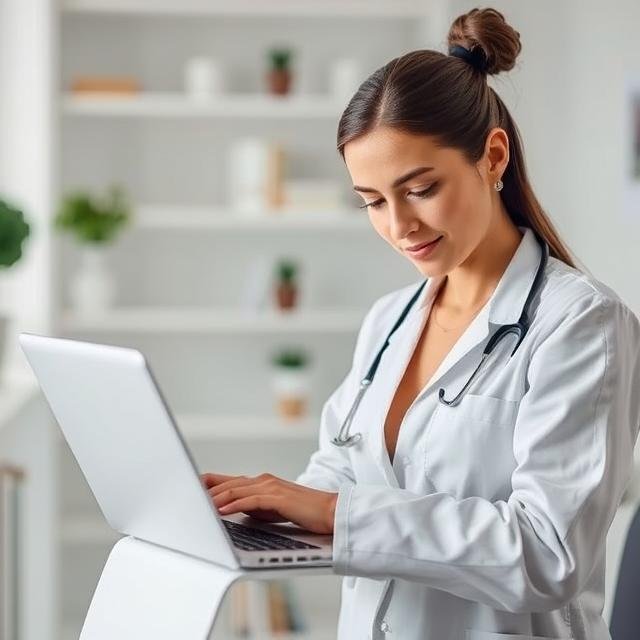 Dueña de una clínica estética usando su portátil para aprender cómo aparecer en Google y atraer pacientes con estrategias de SEO sin pagar publicidad