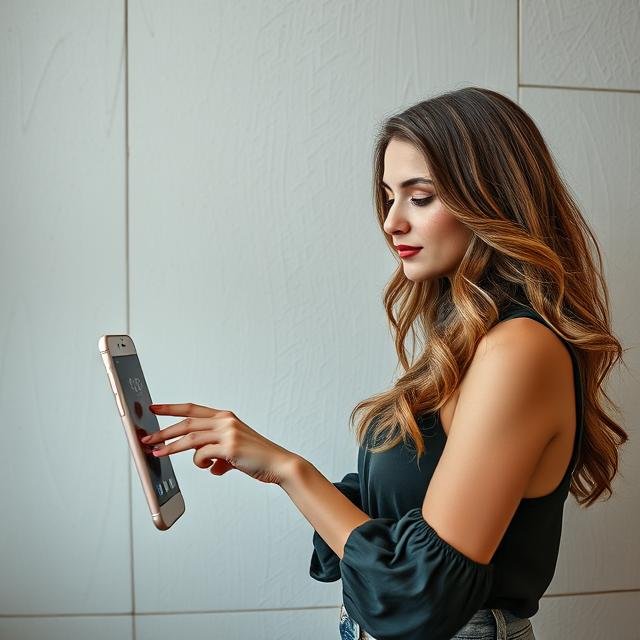 Mujer interactuando con un teléfono móvil flotante, representando las tendencias estéticas e innovaciones tecnológicas que marcarán el 2025 en el sector de las clínicas
