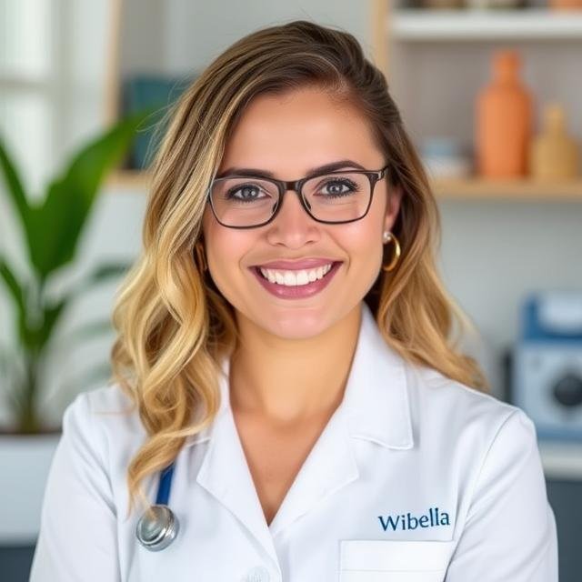 Dueña de clínica estética sonriendo con su bata y el logo de Wibella, representando un testimonio real de éxito tras renovar su web