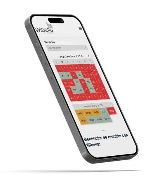 Mockup de móvil mostrando la página de reservas de Wibella – diseño web para clínicas de belleza en Madrid {{brizy_dc_image_alt imageSrc=